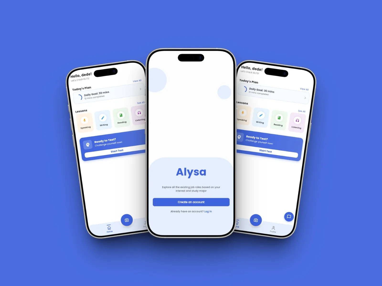 Screenshot of Alysa mobile app showing IELTS practice tests
